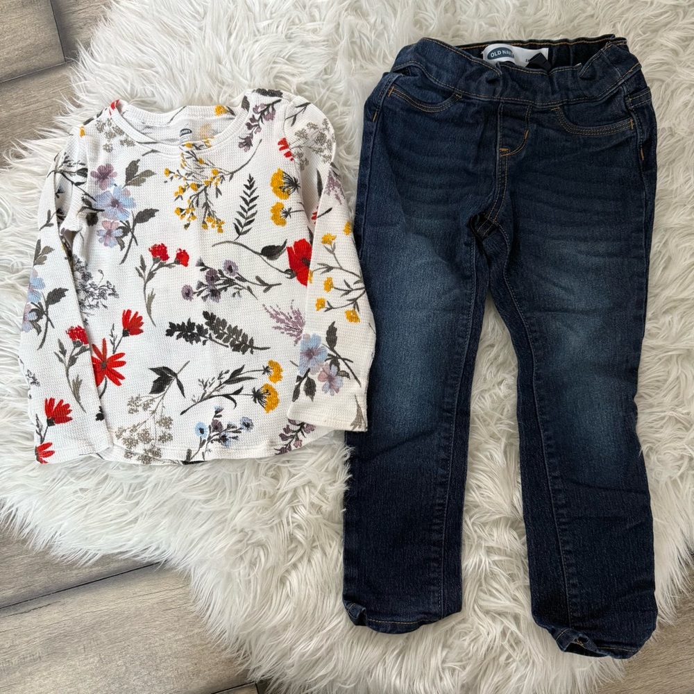 Old Navy Fall Floral Shirt & Dark Blue Kids Jeans
